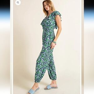 Kori Green Blue Ruffle Floral Sleeveless Jumpsuit Pockets NWT